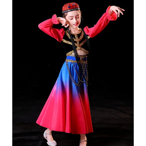 Fuchsia with royal blue gradient chinese Xinjiang dance dresses for girls kids children Uyghur Guli dance costumes girls hui minority ethinic Xinjiang dance outfits for children